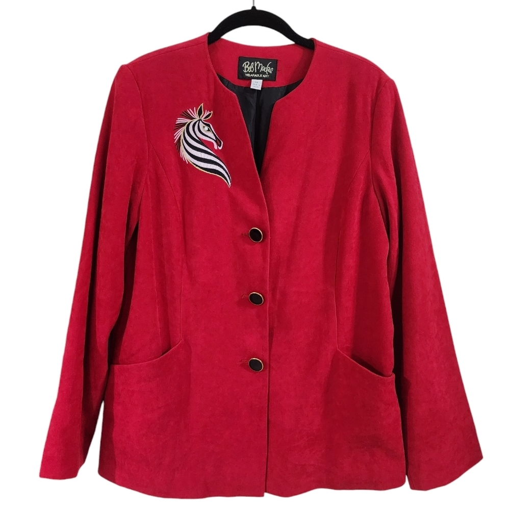BOB MACKIE Women's Red Blazer, embroidered zebra motif, Size M